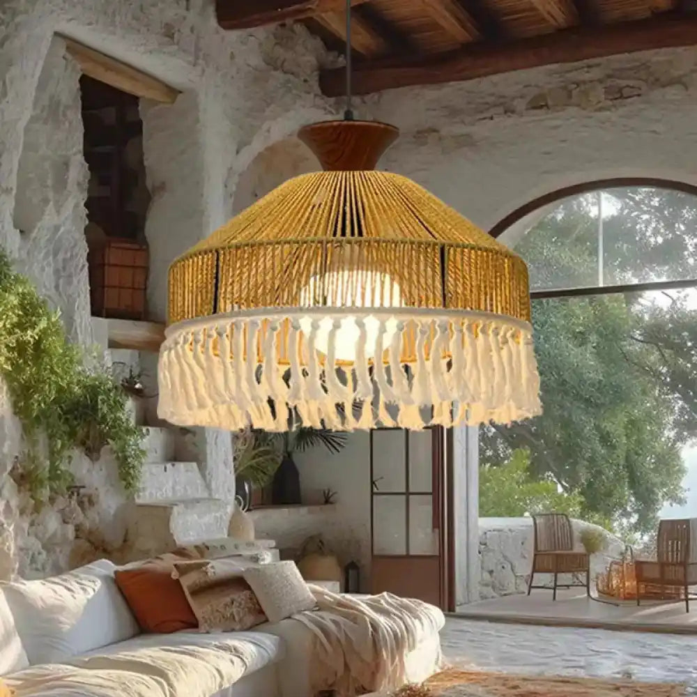 Lustre suspension corde franges bohème forme pagode naturel
