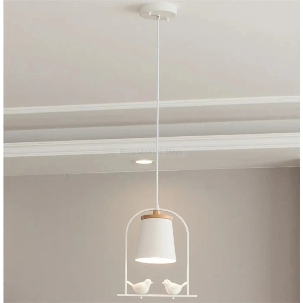 Lustre cylindrique métal blanc décor oiseau suspendu