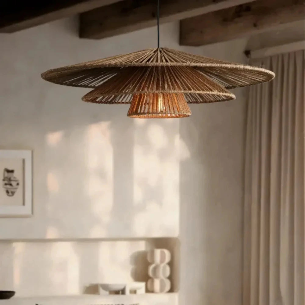 Lustre Suspension Eventail Rotin Tresse Naturel