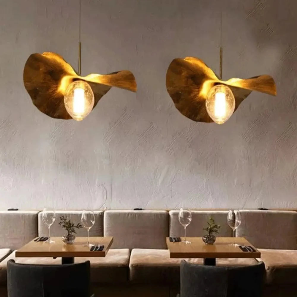 Lustre Suspension Feuille Metal Doree Verre