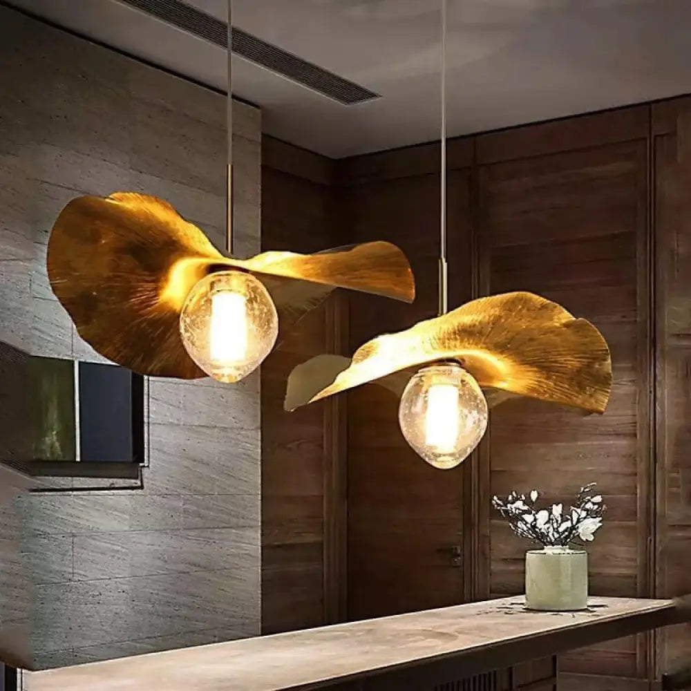 Lustre Suspension Feuille Metal Doree Verre