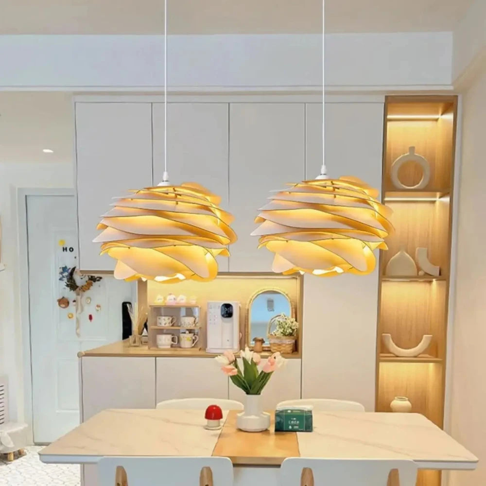 Lustre Suspension Fleur Bois Lamelles Courbes