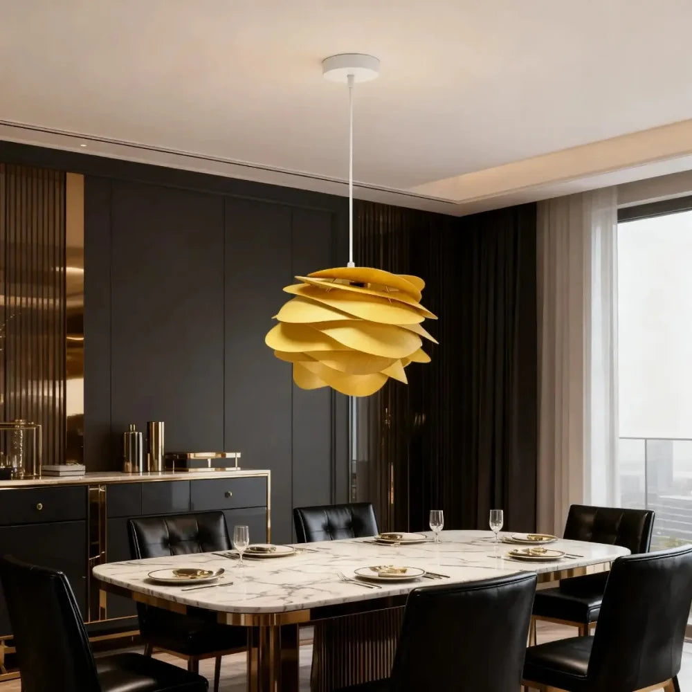 Lustre Suspension Fleur Bois Lamelles Courbes