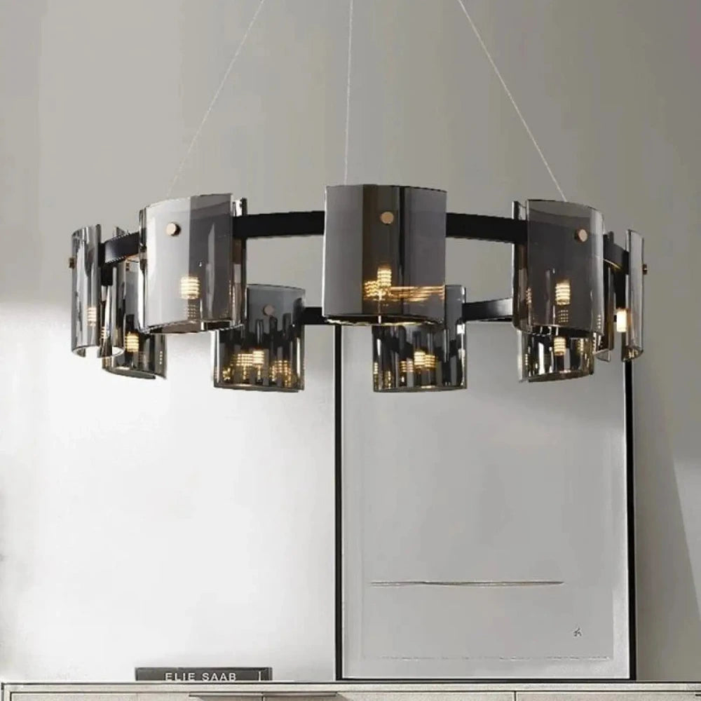 Lustre suspension verre fumé cylindres noir finition aluminium style design
---