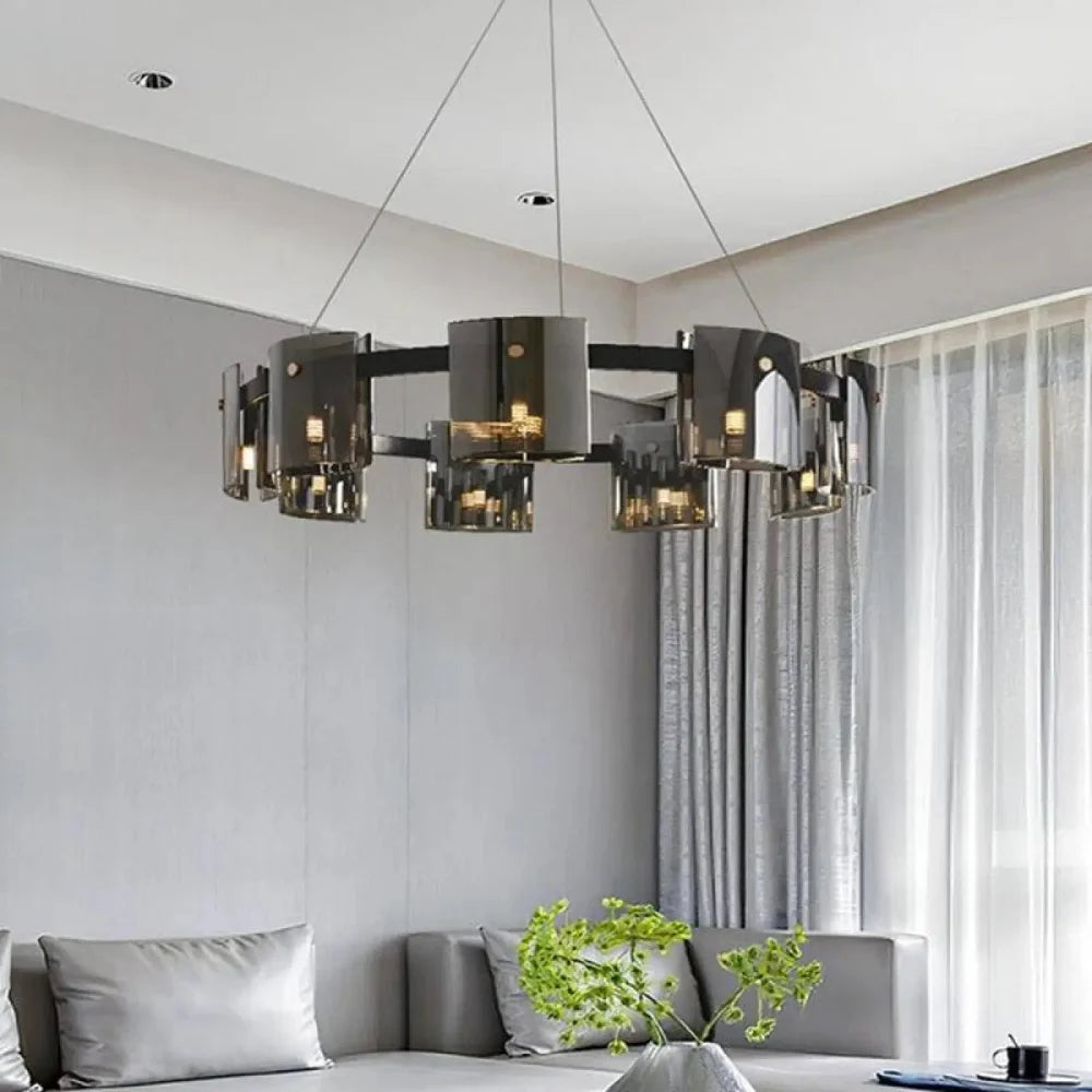 Lustre Suspension Fumee Verre Cylindres Noir