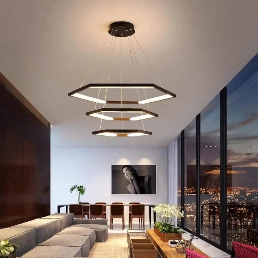 Lustre suspension hexagone acrylique noir laiton blanc chaud