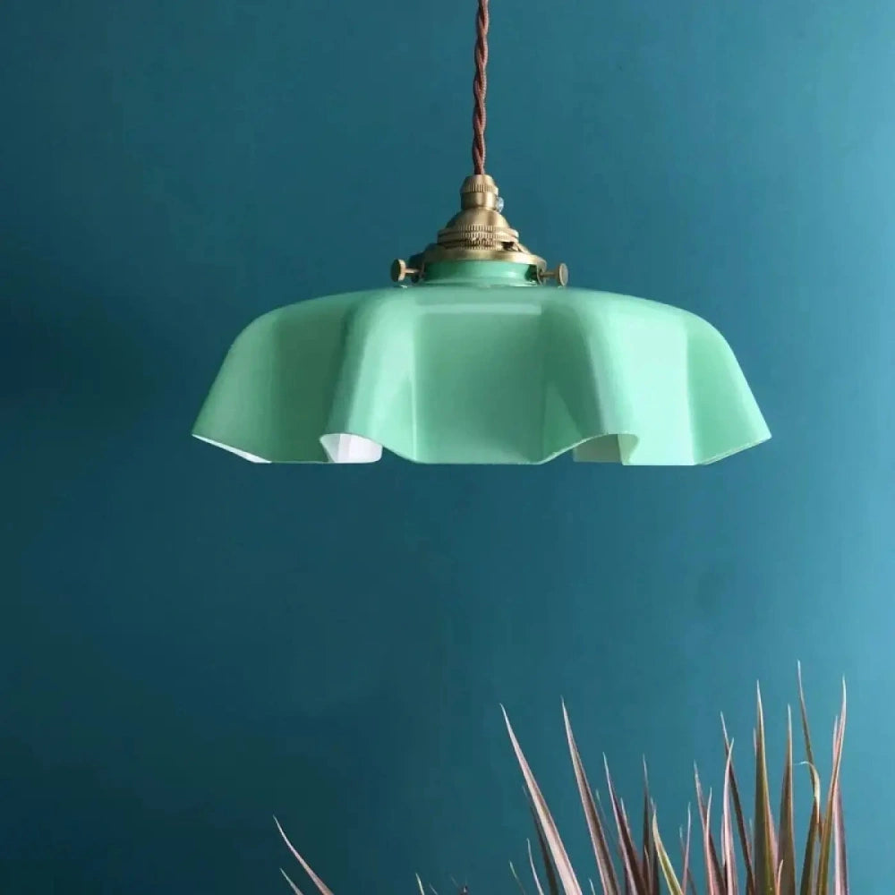 Lustre Suspension Opalin Chapeau Laiton Vintage