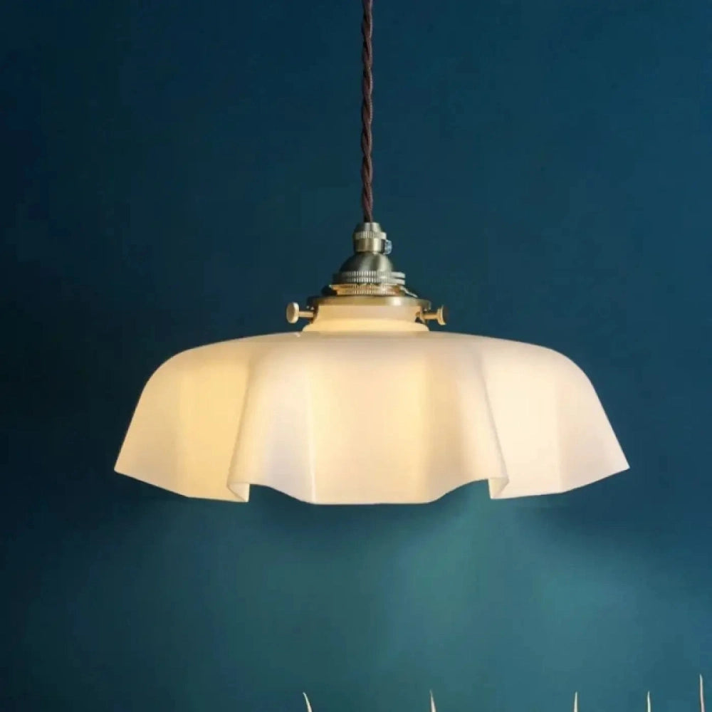 Lustre Suspension Opalin Chapeau Laiton Vintage
