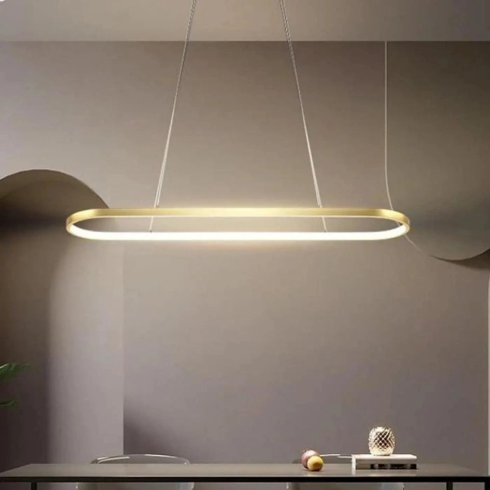 Lustre suspension ovale aluminium laiton or LED anneau 90 cm