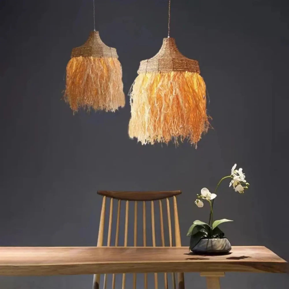 Lustre Suspension Raphia Franges Naturel Boheme