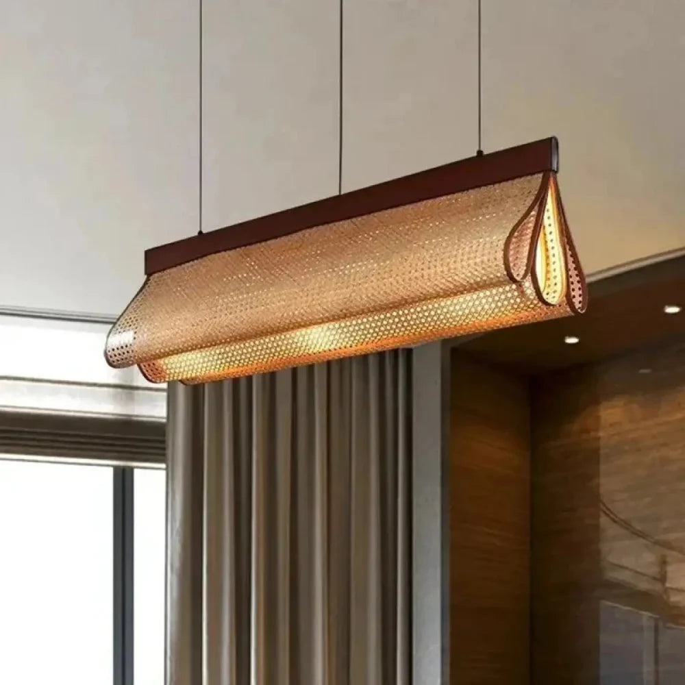Lustre Suspension Rouleau Rotin Cannage Lineaire