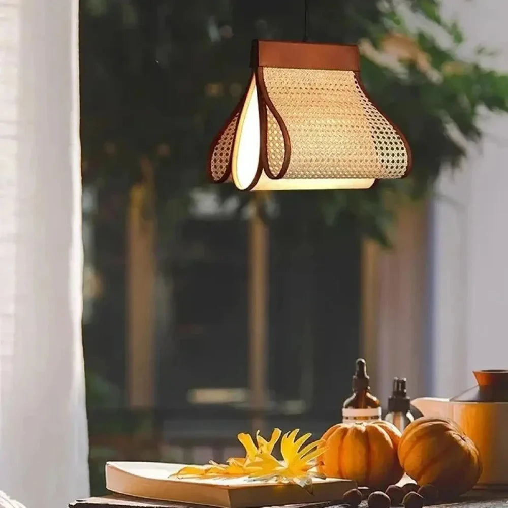 Lustre Suspension Rouleau Rotin Cannage Lineaire