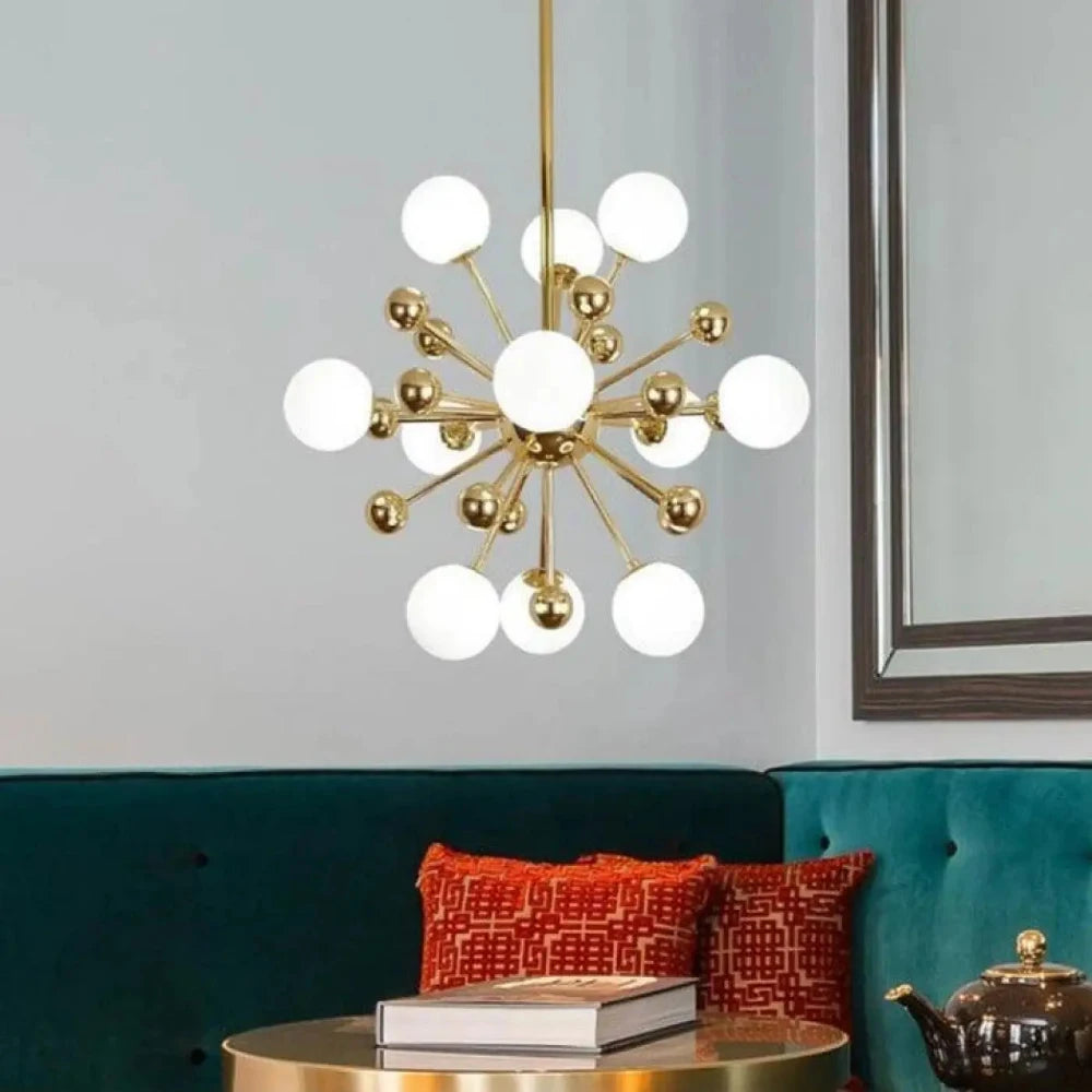Lustre suspension sputnik laiton doré boules acryliques blanc chaud trois tailles
---