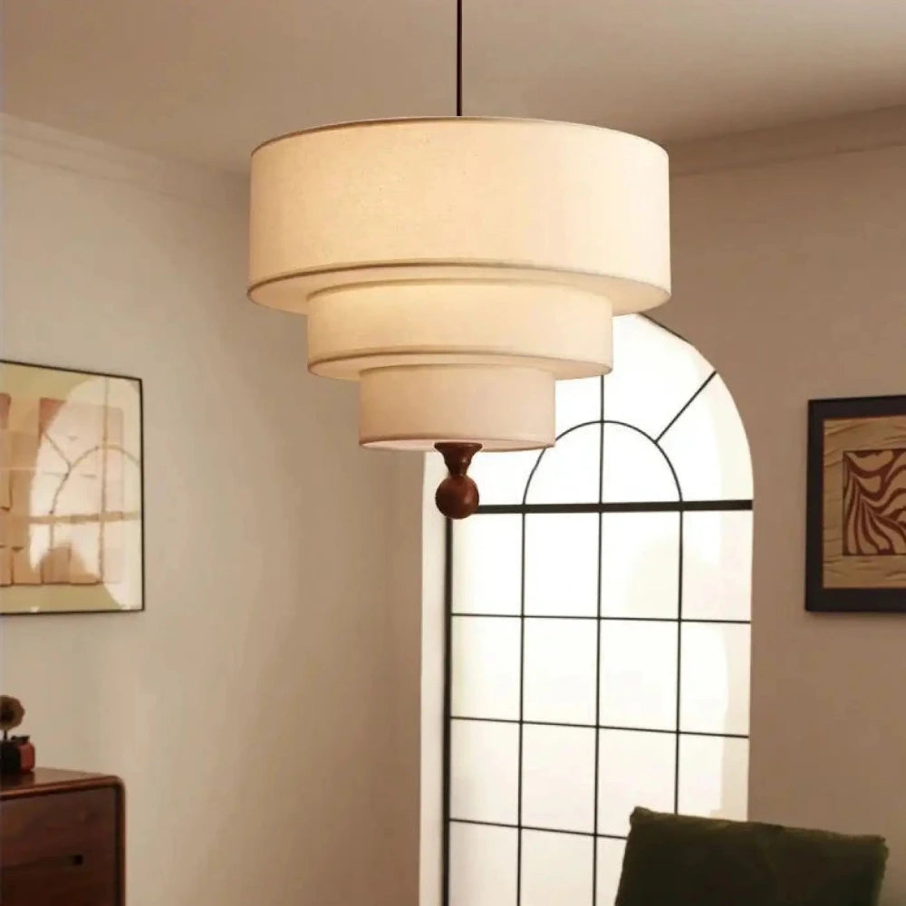 Lustre suspension tambour lin écru étagé structure bois