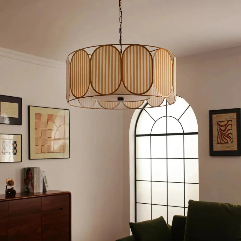 Lustre Suspension Tissu Bandes Laiton Cylindre