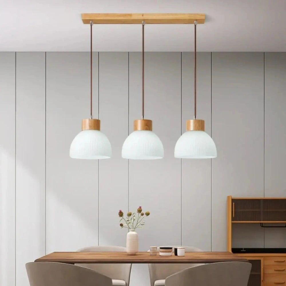 Lustre suspension triple cloche bois blanc métal acrylique