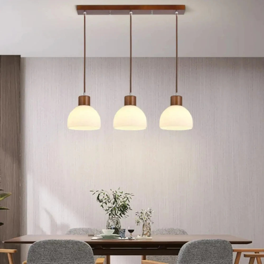 Lustre Suspension Triple Bois Cloche Blanc