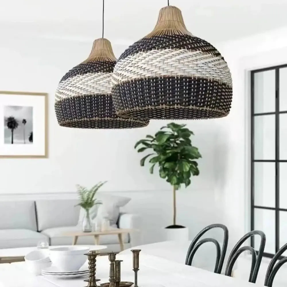 Lustre suspension osier tressé bicolore zèbre naturel rond