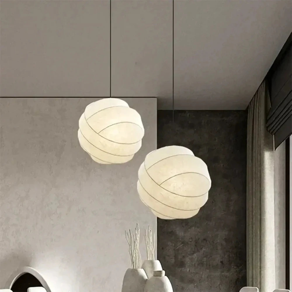 Lustre boule tissu spirale blanc suspension zen