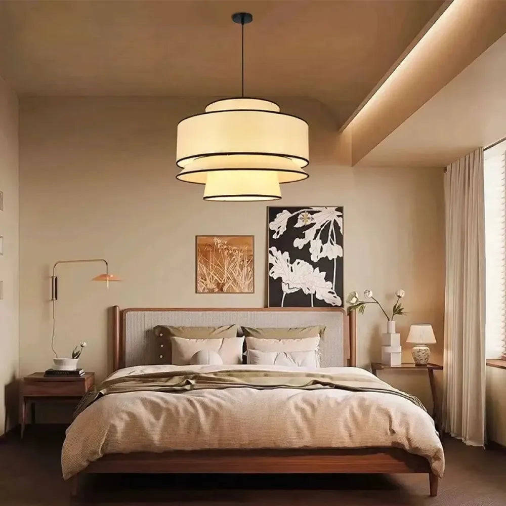 Lustre Tissu Etage Beige Contemporain Rond
