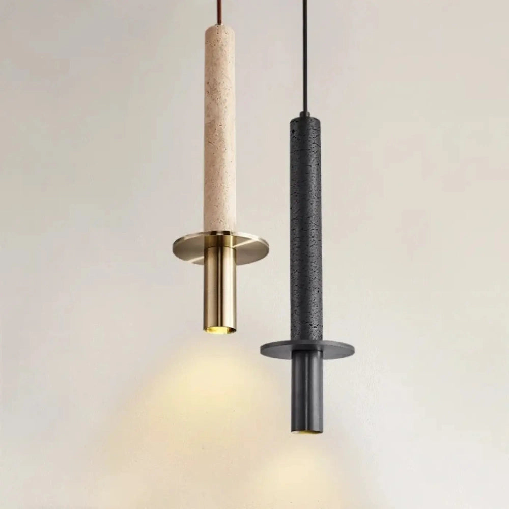 Lustre suspension travertin tige laiton noir doré design