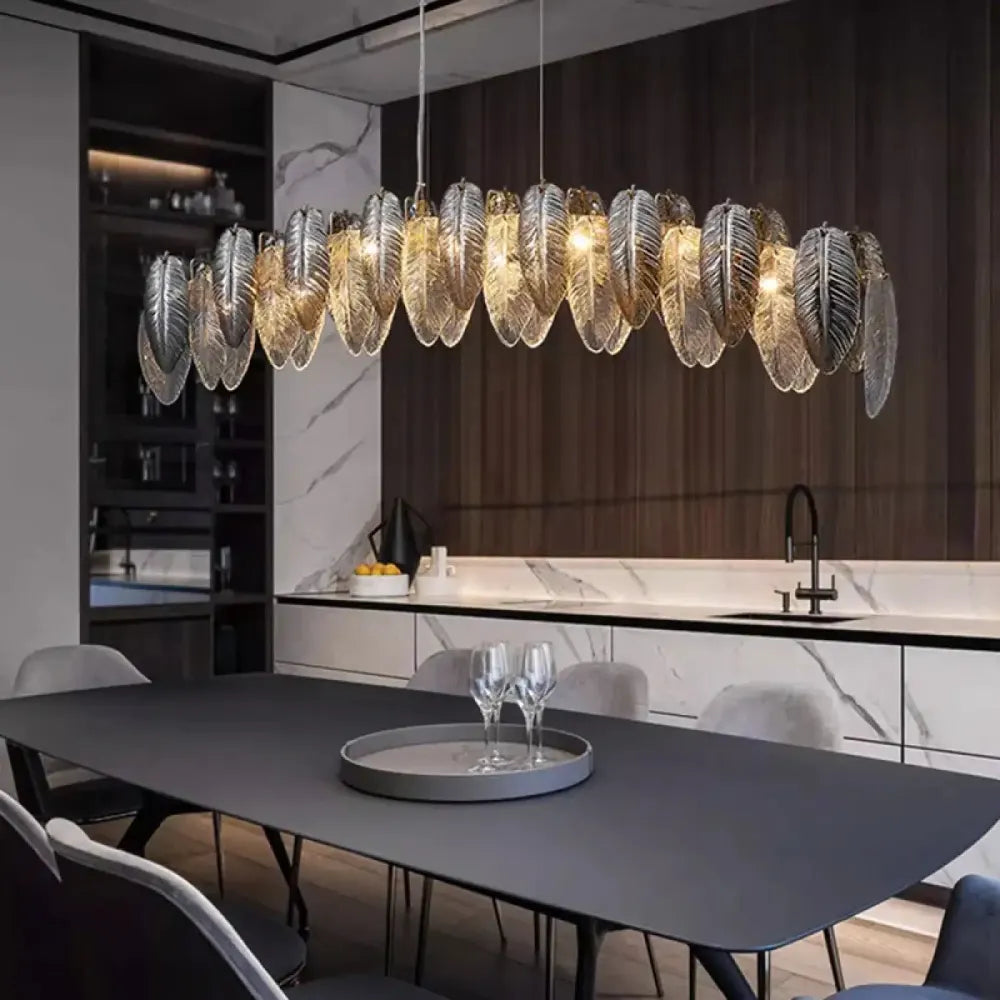 Lustre linéaire verre plumes fumé argenté doré suspension salon