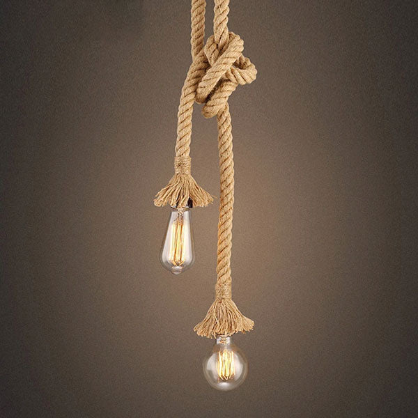 Lustre industriel avec corde de chanvre épaisse et ampoule suspendue