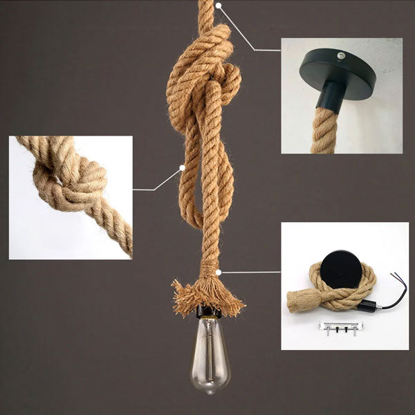 Lustre industriel avec corde de chanvre épaisse et ampoule suspendue