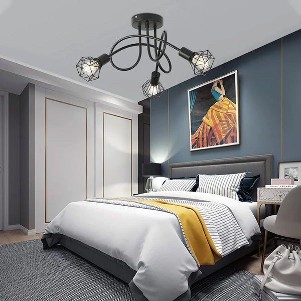 plafonnier industriel noir design suspendu dans un salon moderne