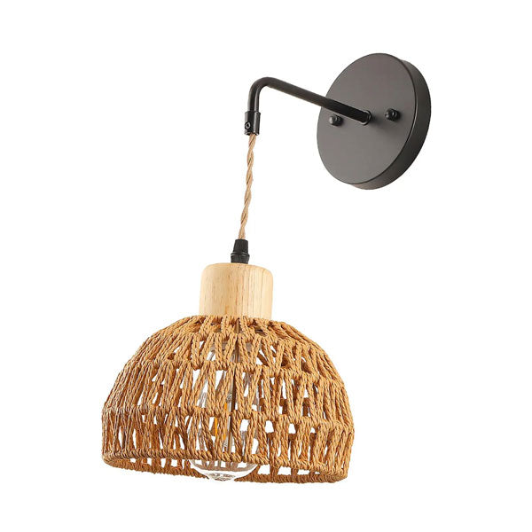 Applique rotin suspendue avec bras mural en métal noir