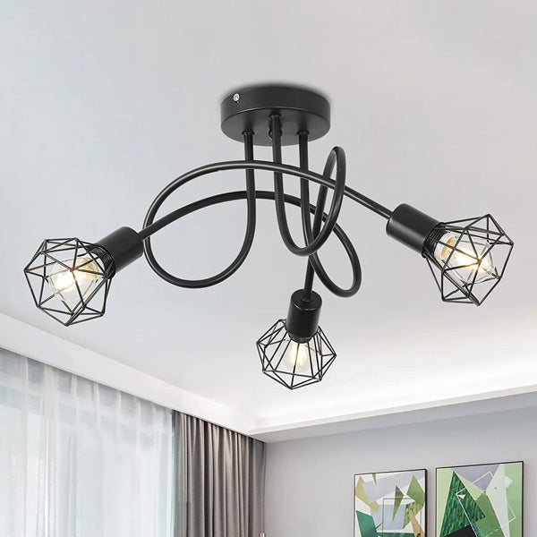 plafonnier industriel noir design suspendu dans un salon moderne