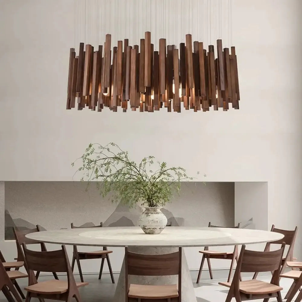 Lustre plafonnier bois barreaux noyer linéaire grand