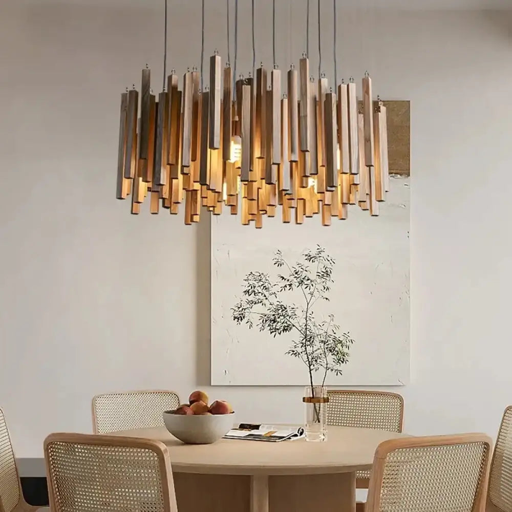 Lustre bois noyer barreaux acryliques suspension salon format XL