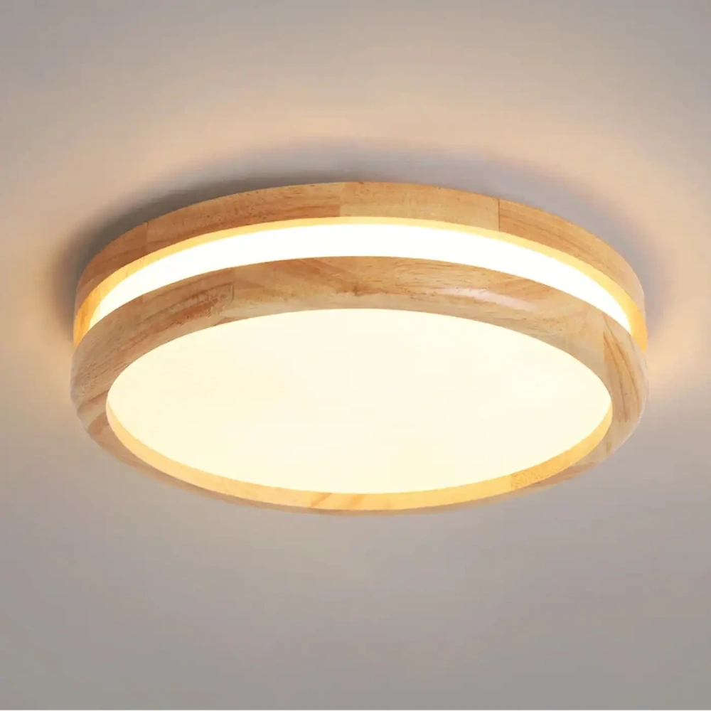 Détail support 15 cm lustre bois clair double cercle, montage plafond