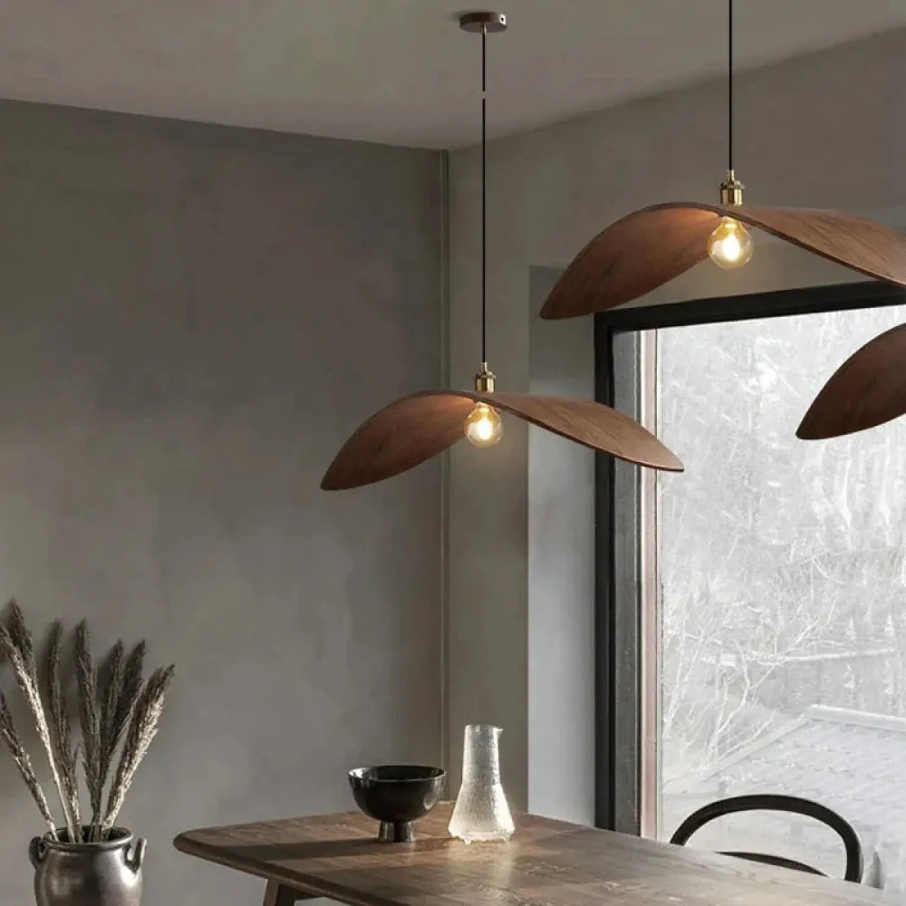 Lustre suspension bois noyer feuilles japandi naturel