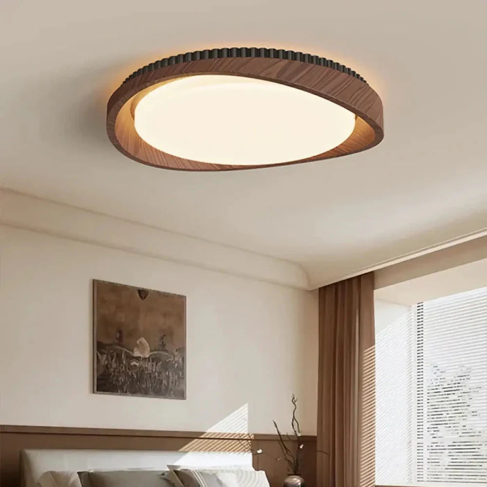 Lustre bois noyer cercle anneau doré suspension