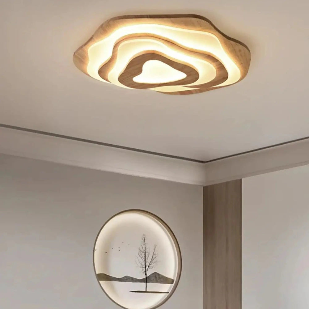 Lustre bois organique vague LED vue de dessous diffuseur acrylique blanc