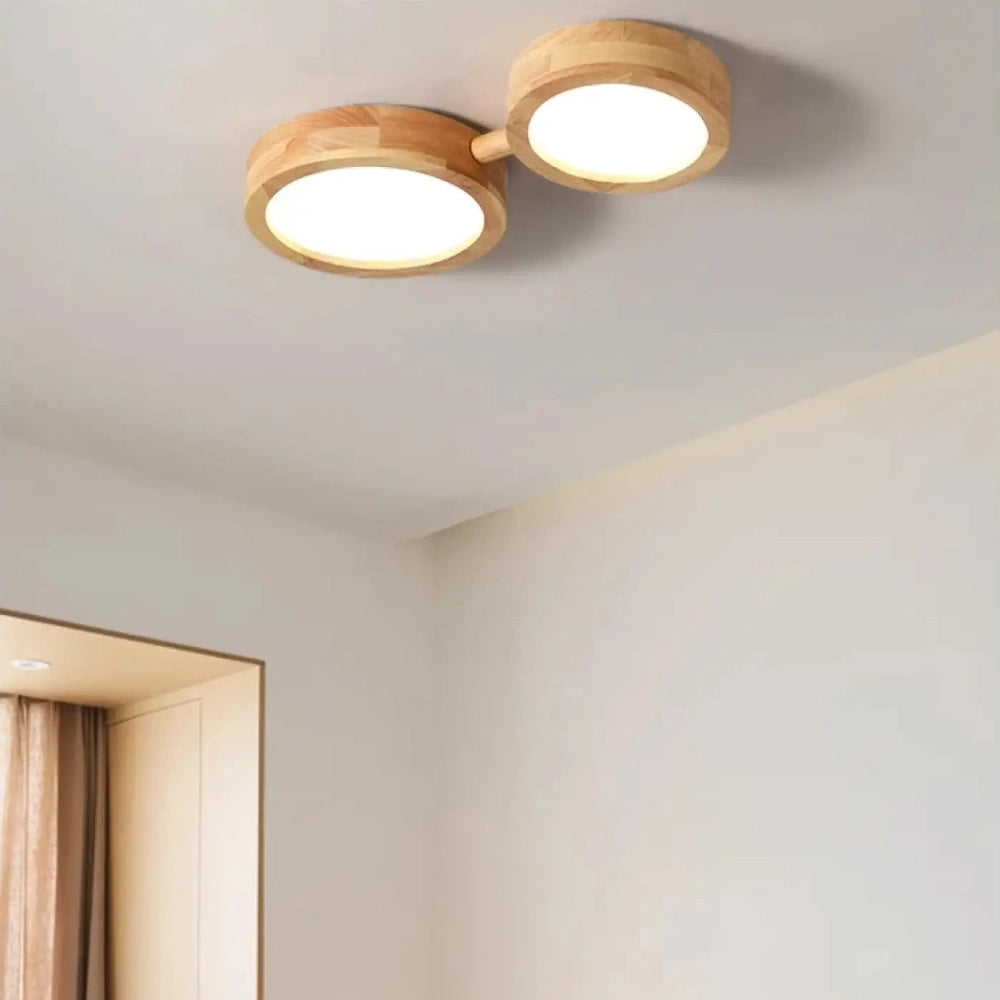 Lustre bois double spot plafonnier beige plat