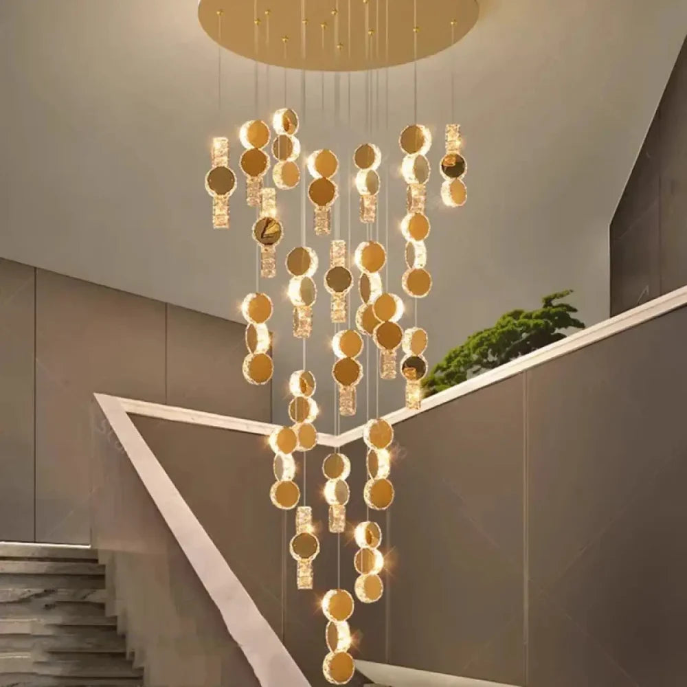 Lustre cristal cascade doré escalier double hauteur LED dimmable