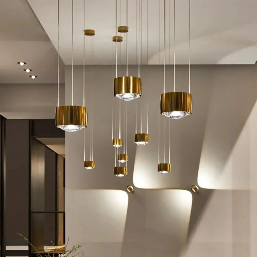 Lustre cascade tubes cristal verre doré grand format salon