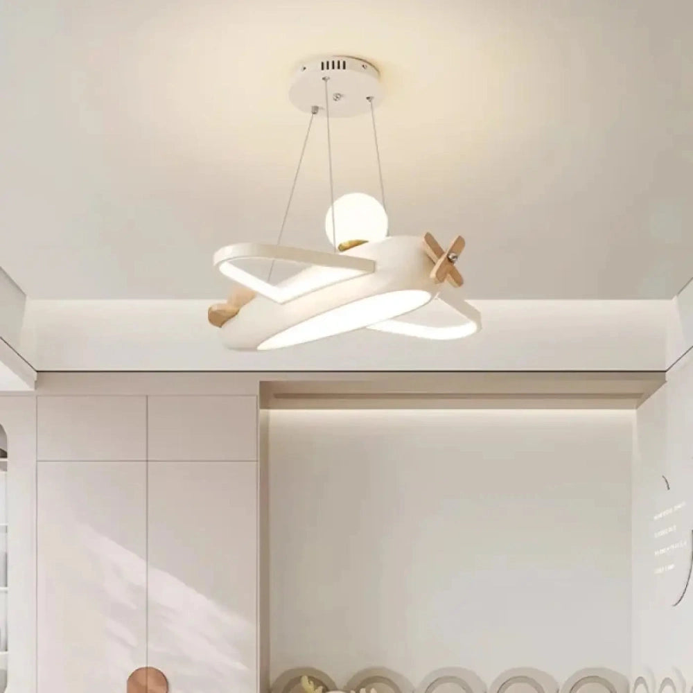 Lustre LED avion enfant bleu vue de dessous acrylique bois