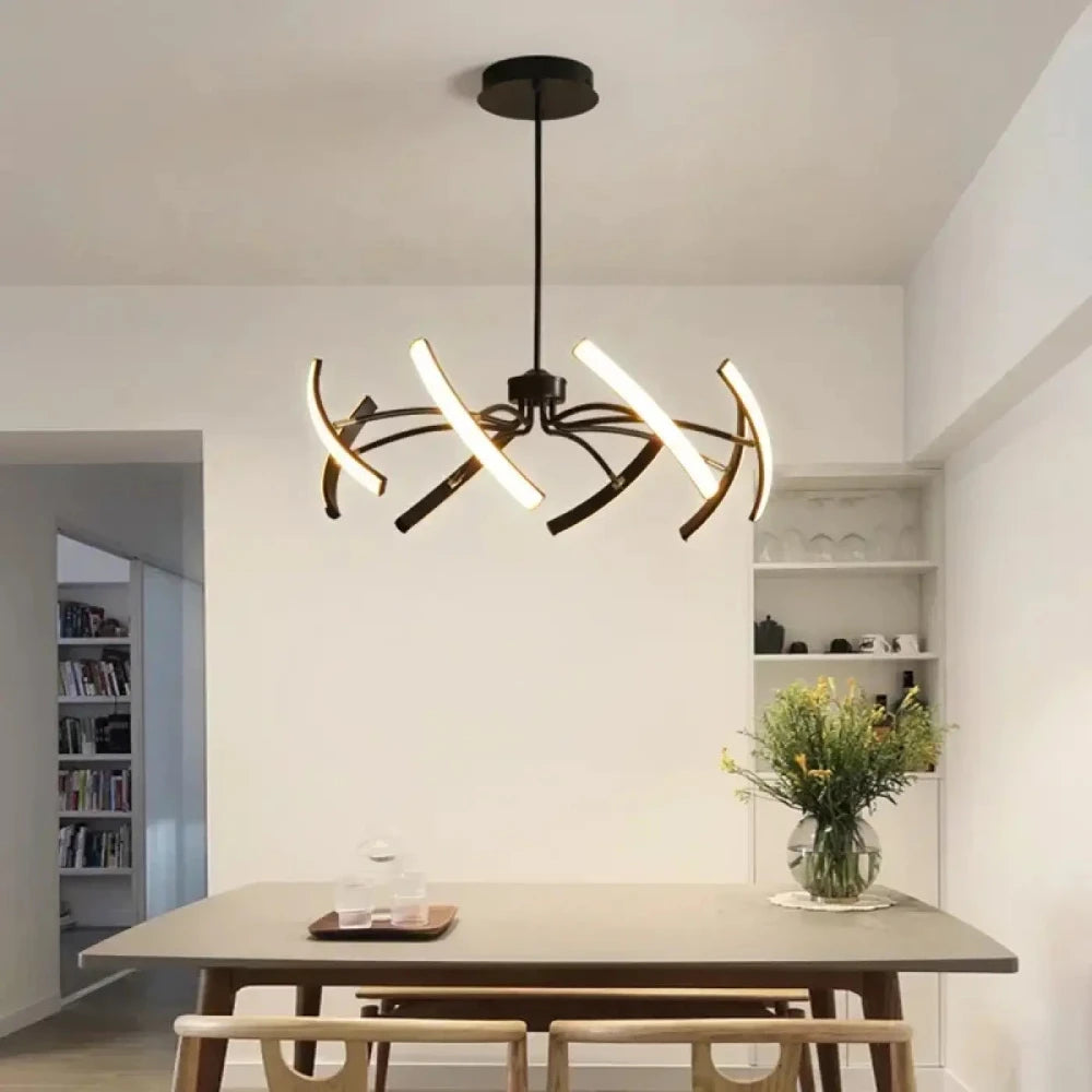 Lustre LED bras torsadés noir aluminium plusieurs têtes salon