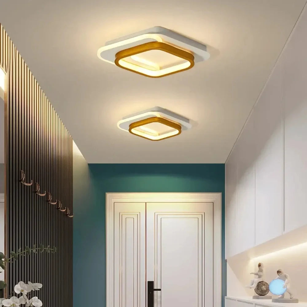 Lustre LED carré bicolore doré aluminium acrylique plafond salon