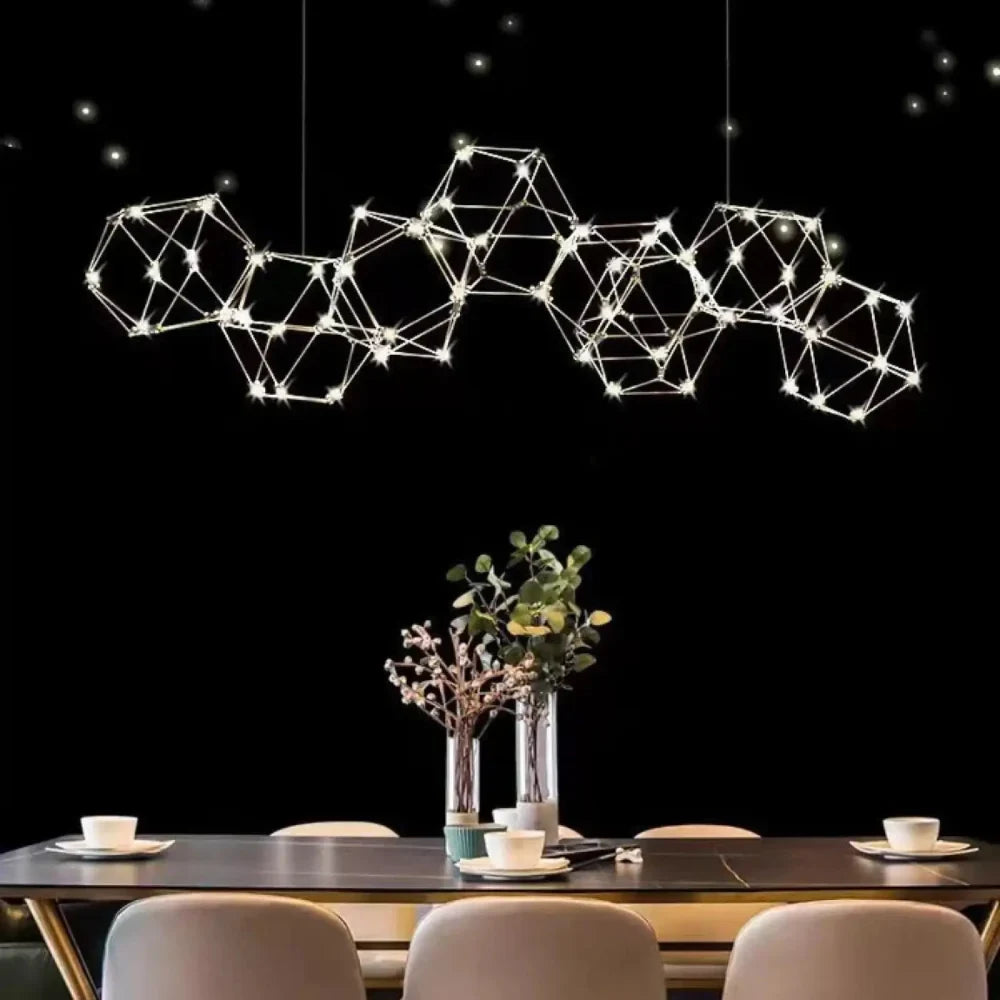 Lustre LED hexagone métal doré constellation design suspendu salon