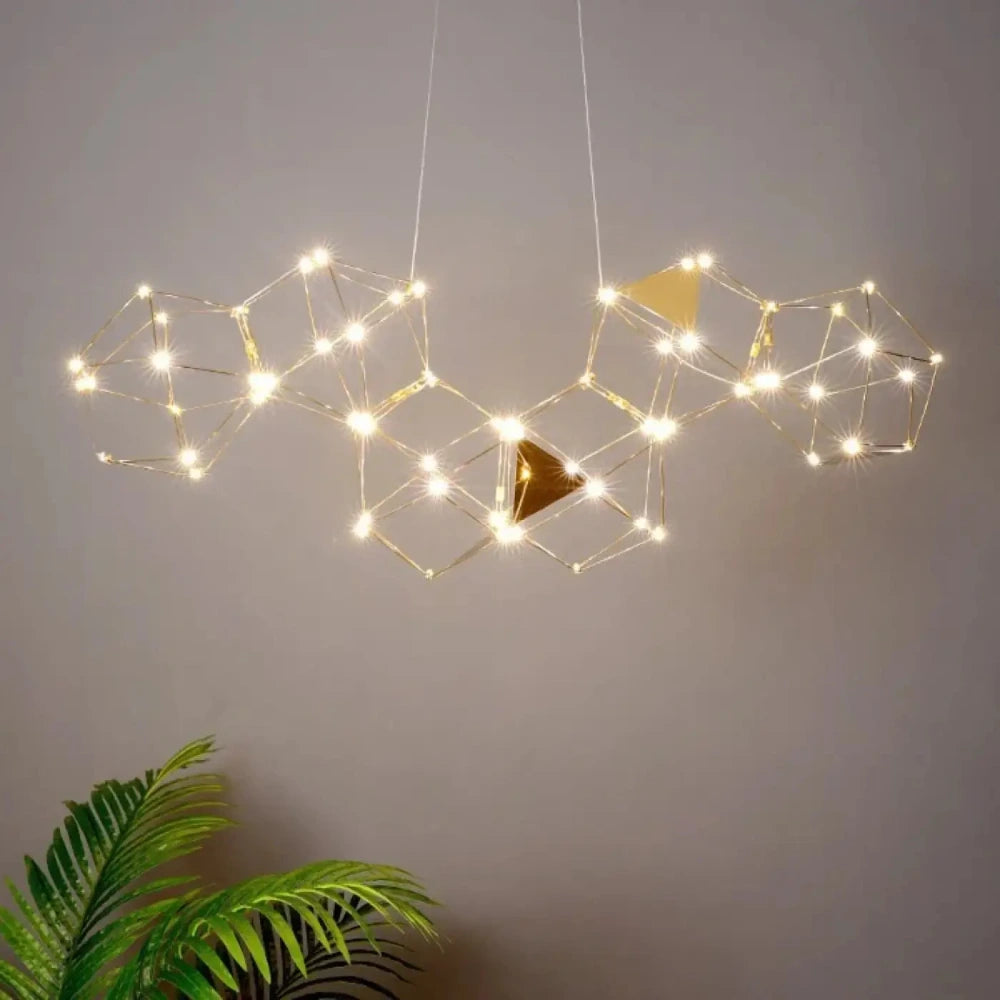 Lustre LED constellation hexagone acrylique métal doré 4 tailles