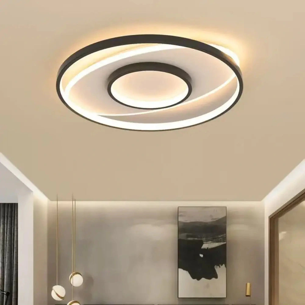 Lustre LED spirale noir cercle vue de dessous acrylique rétroéclairé