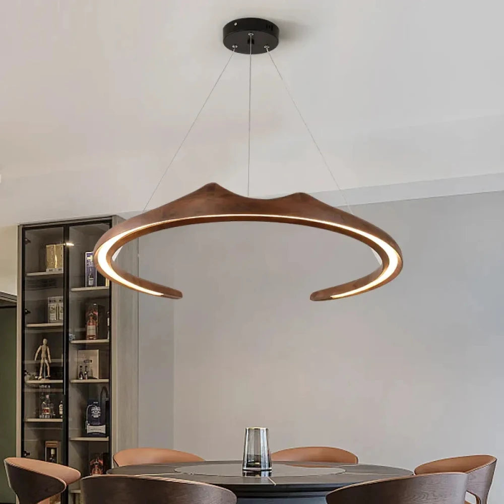 Lustre anneau ouvert bois noyer métal lustre salon suspension moderne