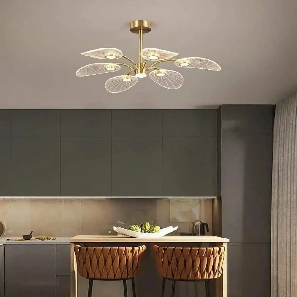 Plafonnier feuilles laiton doré aluminium LED blanc chaud