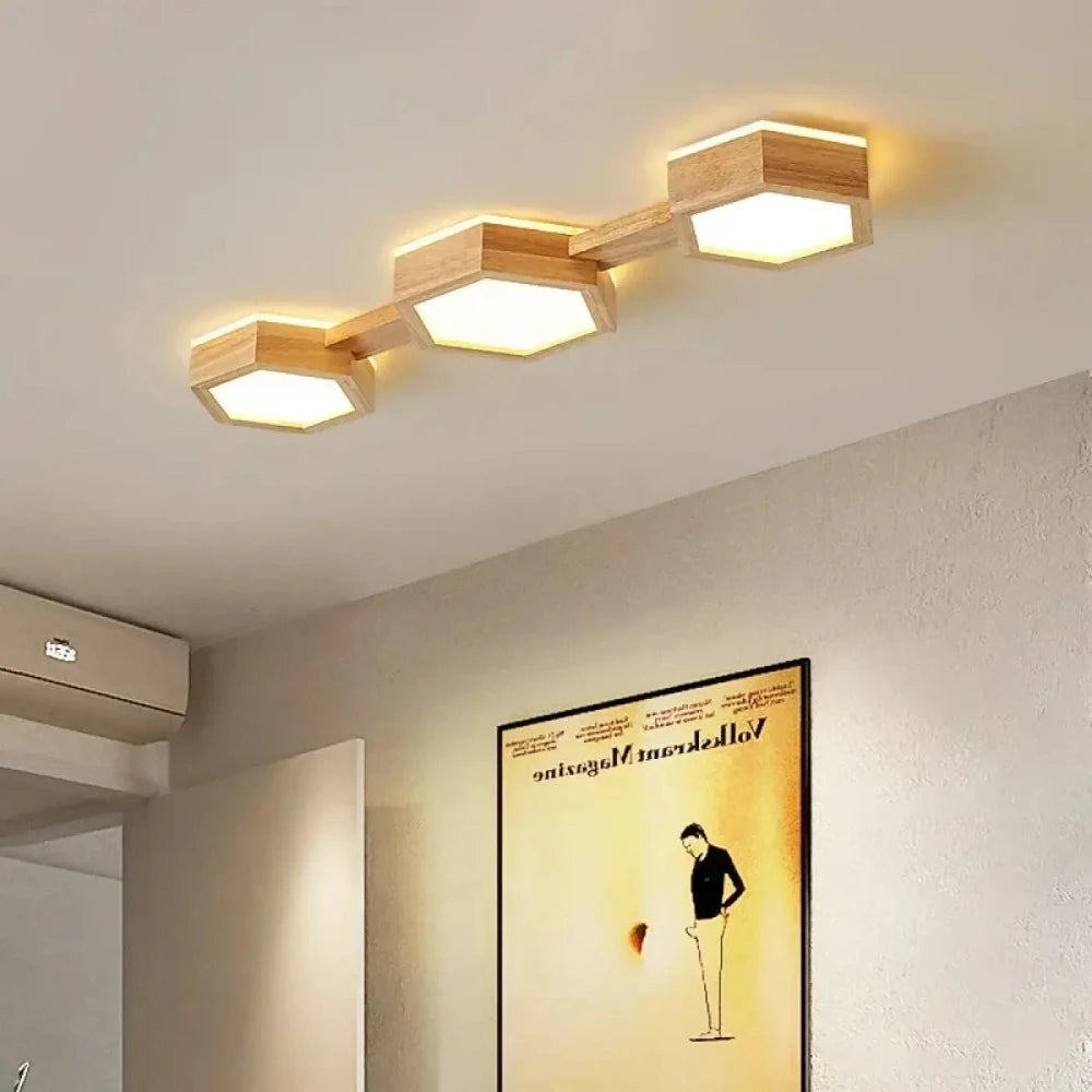 Plafonnier hexagone bois acrylique blanc chaud naturel