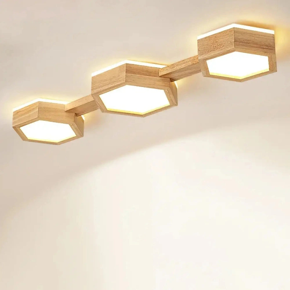 Lustre Plafonnier Hexagone Bois Led Naturel